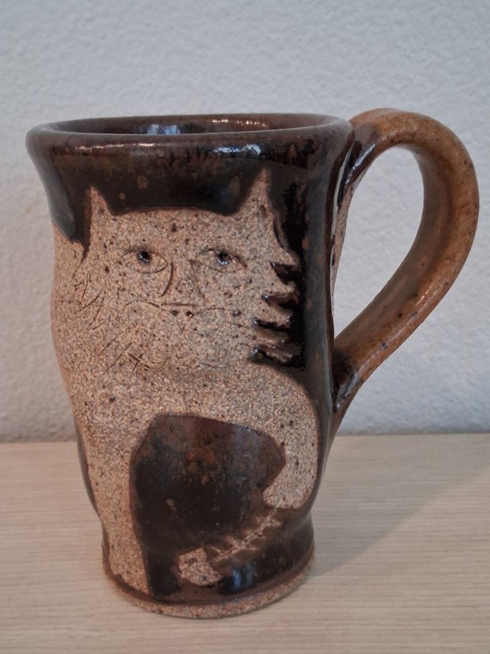 Vintage Handmade Studio Pottery Cat Mug Studio Signed Artist Stoneware